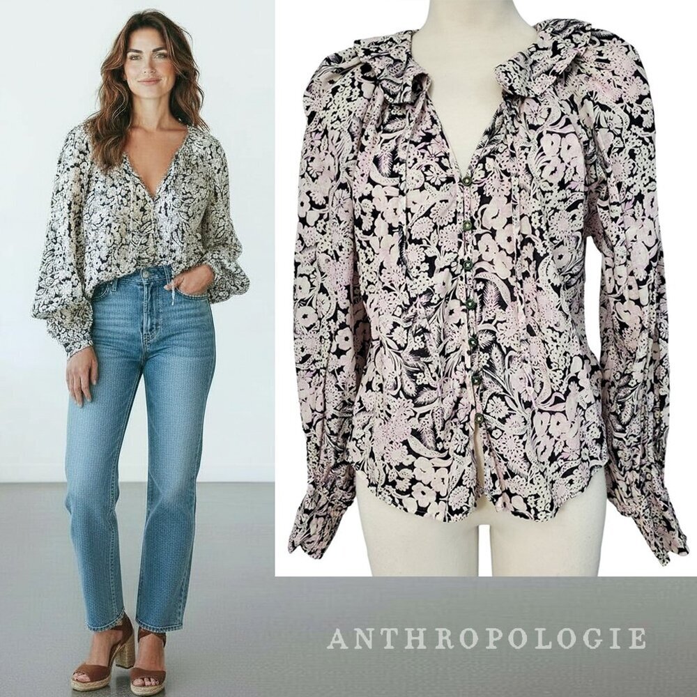 Anthropologie Button Front Peasant Blouse Floral Puff Sleeve V-Neck Size XS